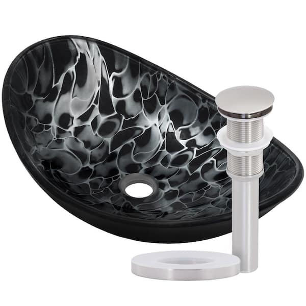Novatto Tartaruga Oval Glass Vessel Sink in Painted Black with Drain and Assembly in Brushed Nickel