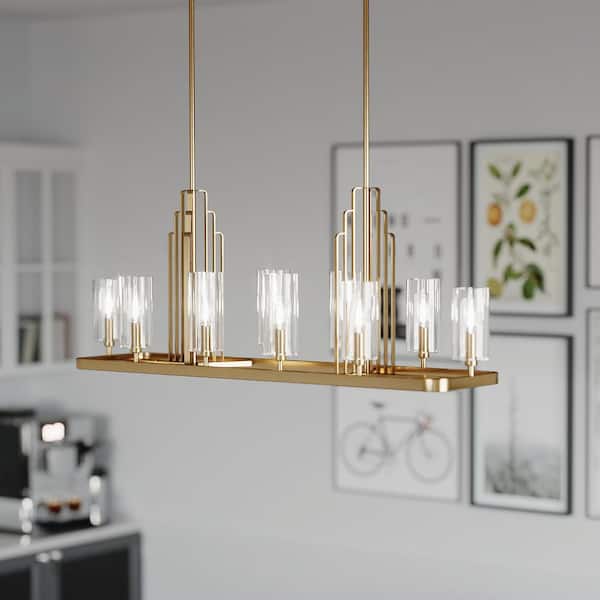 Kimrose 44.75 in. 10-Light Brushed Natural Brass Art Deco Candlestick Linear Chandelier for Dining Room
