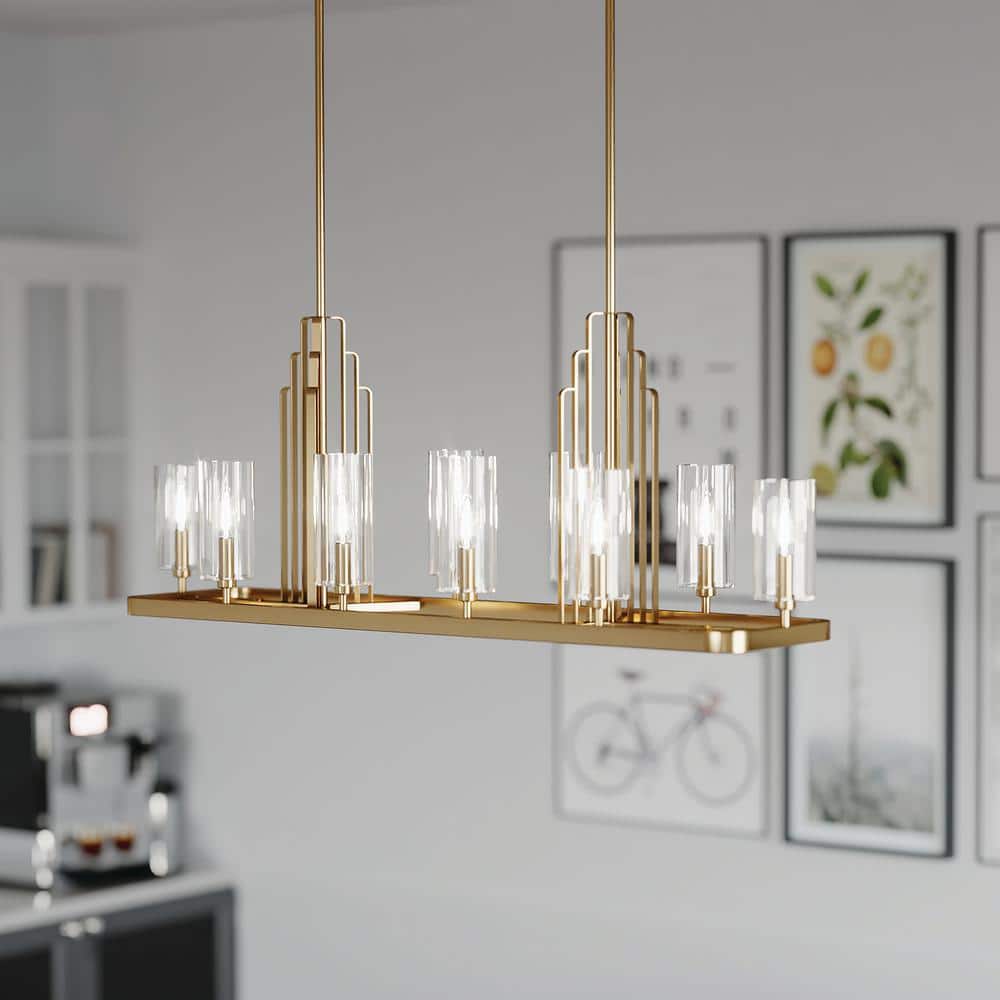 Kimrose Brushed Brass 10-Light Linear Chandelier with Clear Fluted Glass