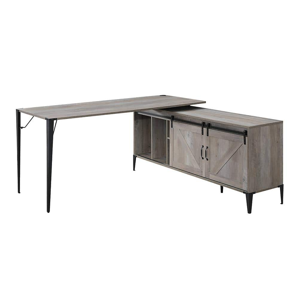 65&#34; Zakwani L Writing Desk Gray Oak/Black Finish - Acme Furniture: Enclosed Storage, Metal Frame, Office Furniture