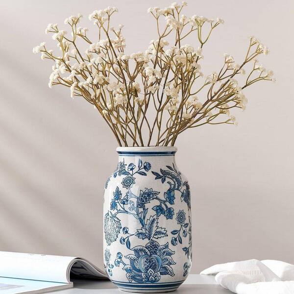 9.4 in. Ceramic Chinoiserie Floral Vase, Retro Ice Cracked Blue
