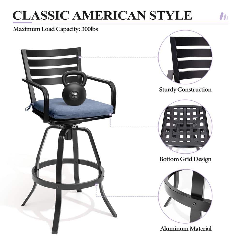 Black Cast Aluminum Swivel Bar Stools with Blue Cushions, Set of 2