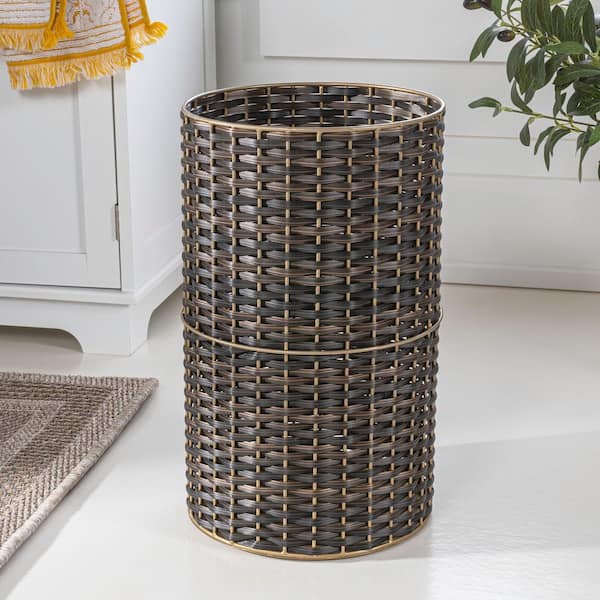 Cecil Modern 4.13 Gal. Faux Wicker Cylinder Waste Basket, Dark Bronze/Gold