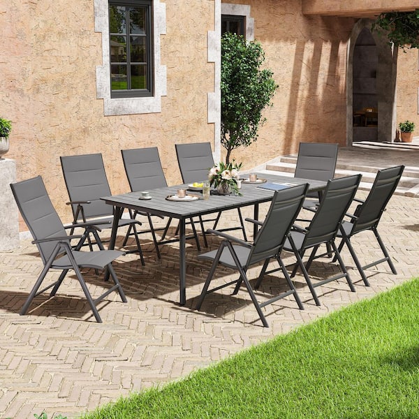 Pellebant 82.5 in. Gray Aluminum Wood-Like Outdoor Dining Set with Umbrella Hole and Adjustable Folding Chairs (9 Pieces)