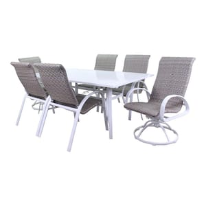 Santa Fe 7-Piece Aluminum Outdoor Dining Set in White with 84 in. Rectangle Table, 2 Swivel Rockers and 4 Wicker Chairs