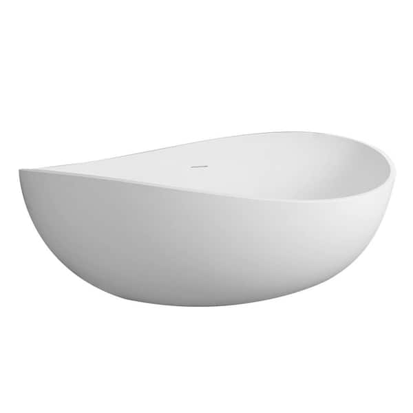 63 in. Stone Resin Composite Solid Surface Flatbottom Non-whirlpool Freestanding Soaking Bathtub in White