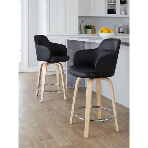 LumiSource Boyne 24 in. Black Faux Leather, Natural Wood and Chrome Metal Fixed-Height Counter Stool (Set of 2)
