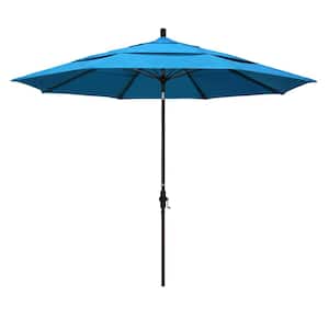 11 ft. Bronze Aluminum Market Patio Umbrella with Collar Tilt Crank Lift in Canvas Cyan Sunbrella