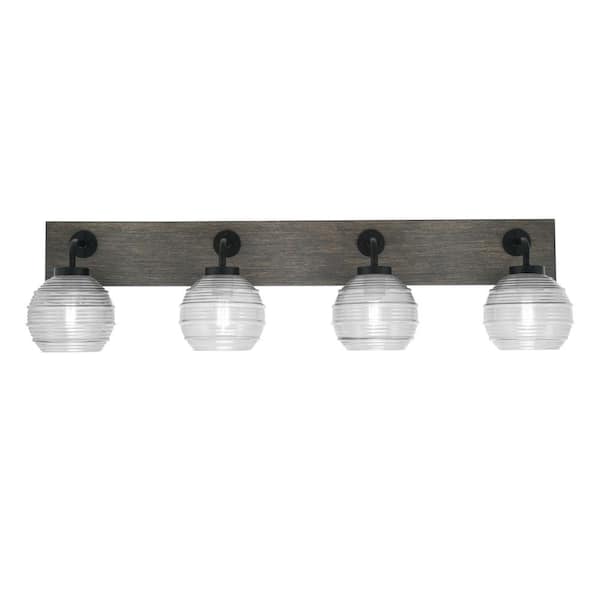 Unbranded Kirby 36.5 in. 4 Light Black and Painted Wood-look Vanity Light with 6 in. Clear Ribbed Glass Shades No Bulbs Included