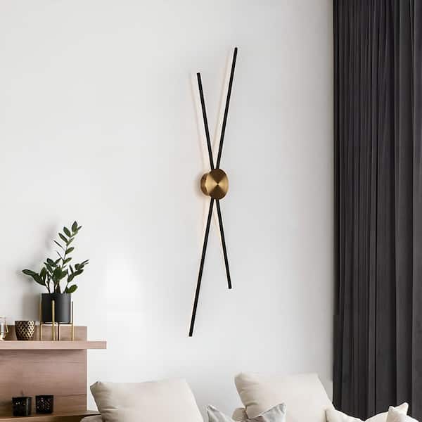 60 in. H 4-Light Black LED Linear Wall Sconce with Brass Round Backplate, Modern Minimalist Living Room Metal Wallchiere