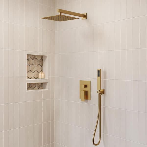 Single-Handle Rain 2-Spray Square 10 in. Dual Shower Head Fixed and Handheld Shower Head in Brushed Gold