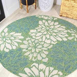 Zinnia Modern Floral Textured Weave Cream/Green 5 ft. Round Indoor/Outdoor Area Rug