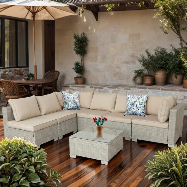Cesicia Gray 7-Piece Wicker Outdoor Sectional Set with Glass Table and Khaki Cushions