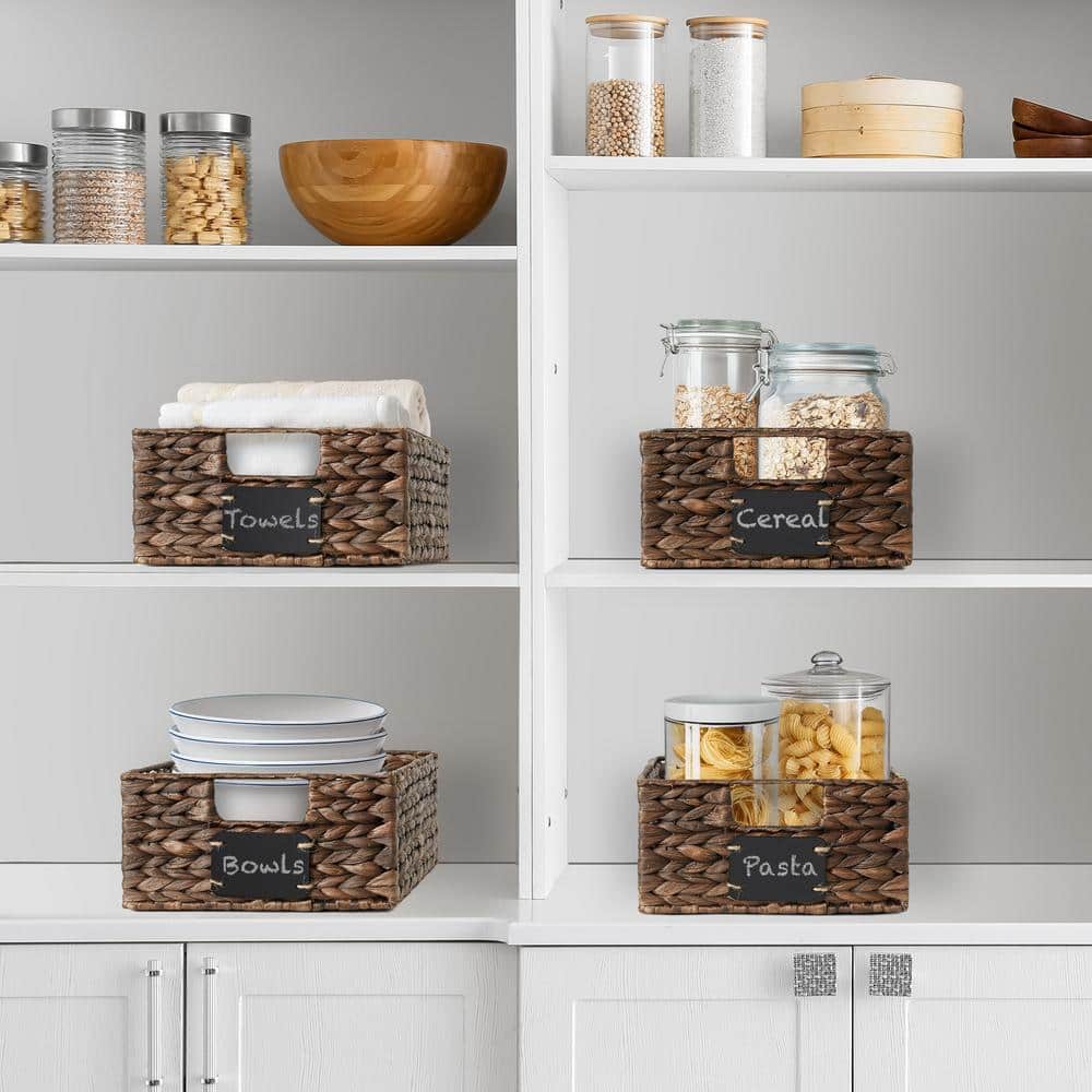 Espresso Water Hyacinth Woven Storage Baskets with Chalkboard Labels, Set of 4