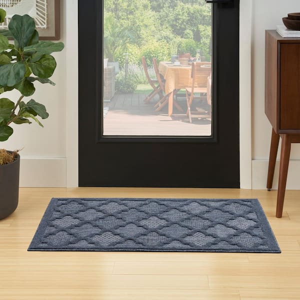 Easy Care Navy Blue 2 ft. x 4 ft. Geometric Contemporary Kitchen Runner Indoor Outdoor Area Rug
