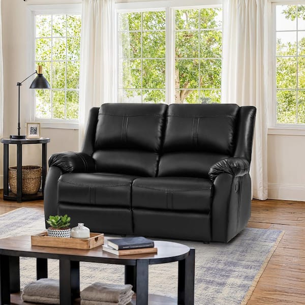 Jackson 59 in. W Rolled Arm Leather Upholstered 2-Seater Push Back Rectangle Recliner Loveseat in Black