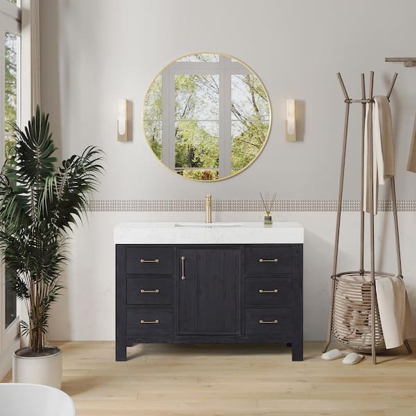 ROSWELL Leon 48 in. W x 22 in. D x 34 in. H Single Bath Vanity in Fir Wood Black with White Composite Stone Top and Mirror