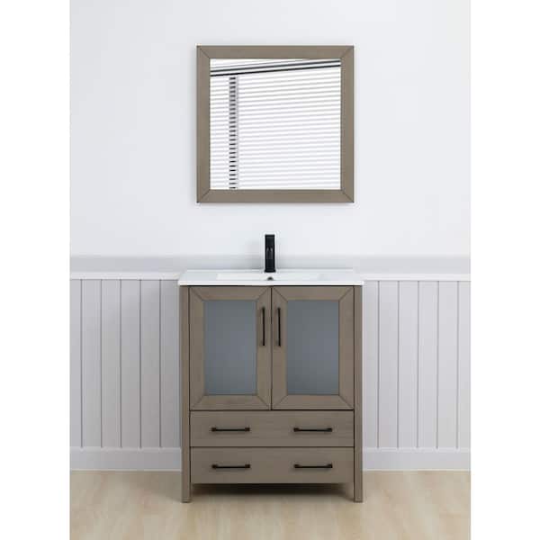 30 in. W x 18 in. D x 36 in. H Driftwood Gray Bath Vanity with White Ceramic Top and Mirror