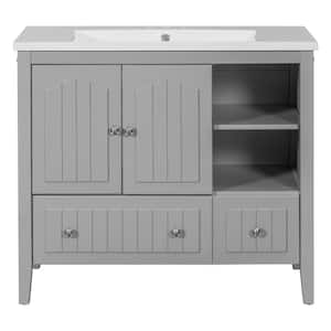 36 in. W x 18.03 in. D x 32.13 in. H Bathroom Vanity in Gray with Cabinet, White Ceramic Basin Top, Drawers