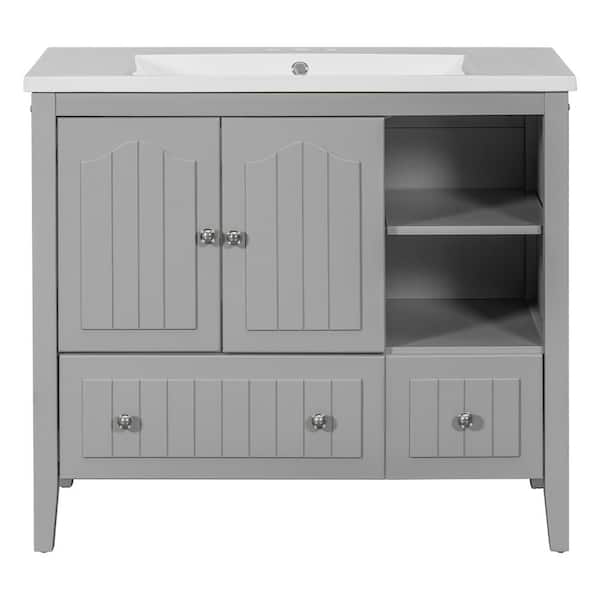 Aoibox 36 in. W x 18.03 in. D x 32.13 in. H Bathroom Vanity in Gray with Cabinet, White Ceramic Basin Top, Drawers