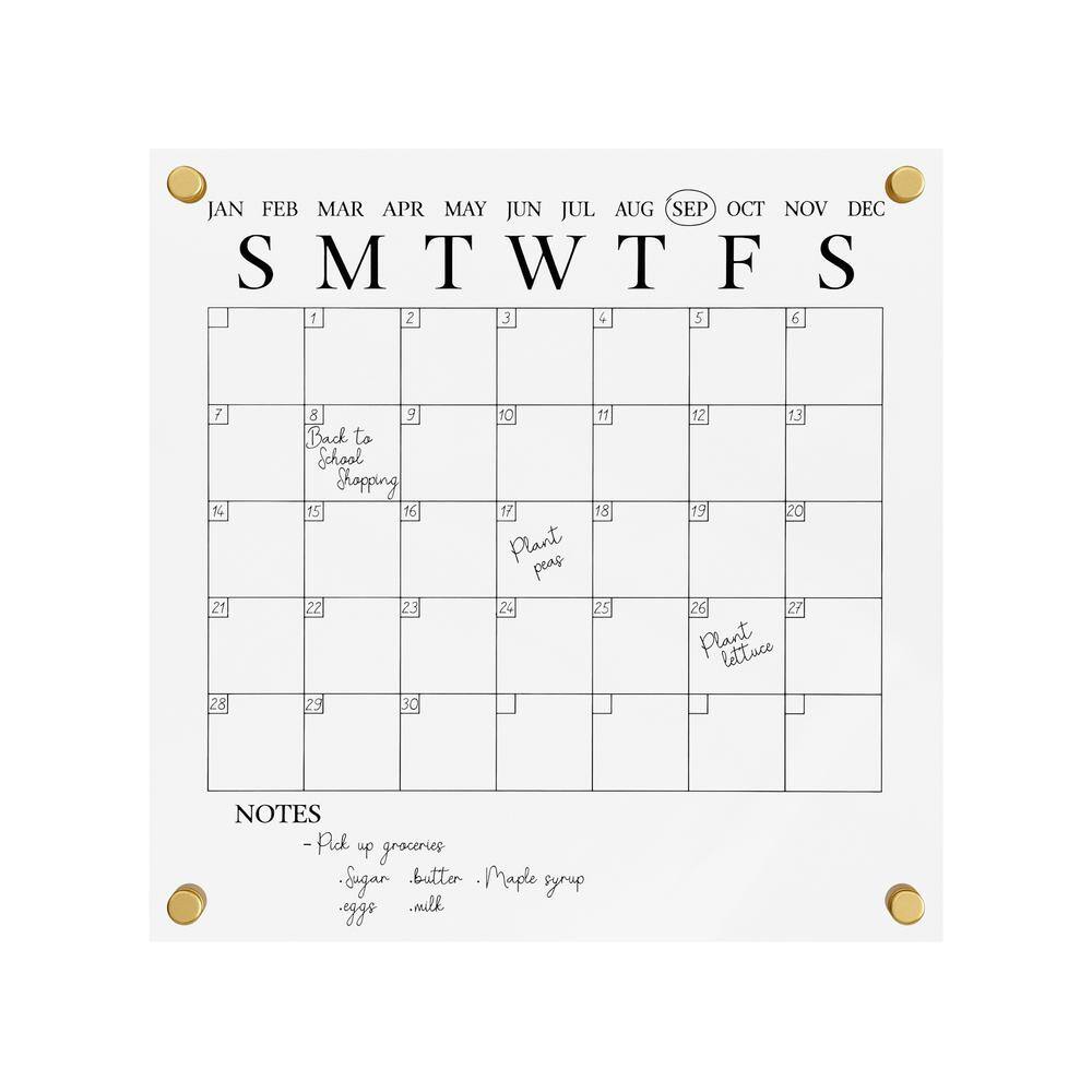Clear Acrylic Monthly Wall Calendar with Black Print and Dry Erase Marker