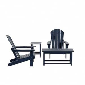 Laguna 4-Piece Fade Resistant Outdoor Patio HDPE Poly Plastic Folding Adirondack Chairs and Tables Set in Navy Blue