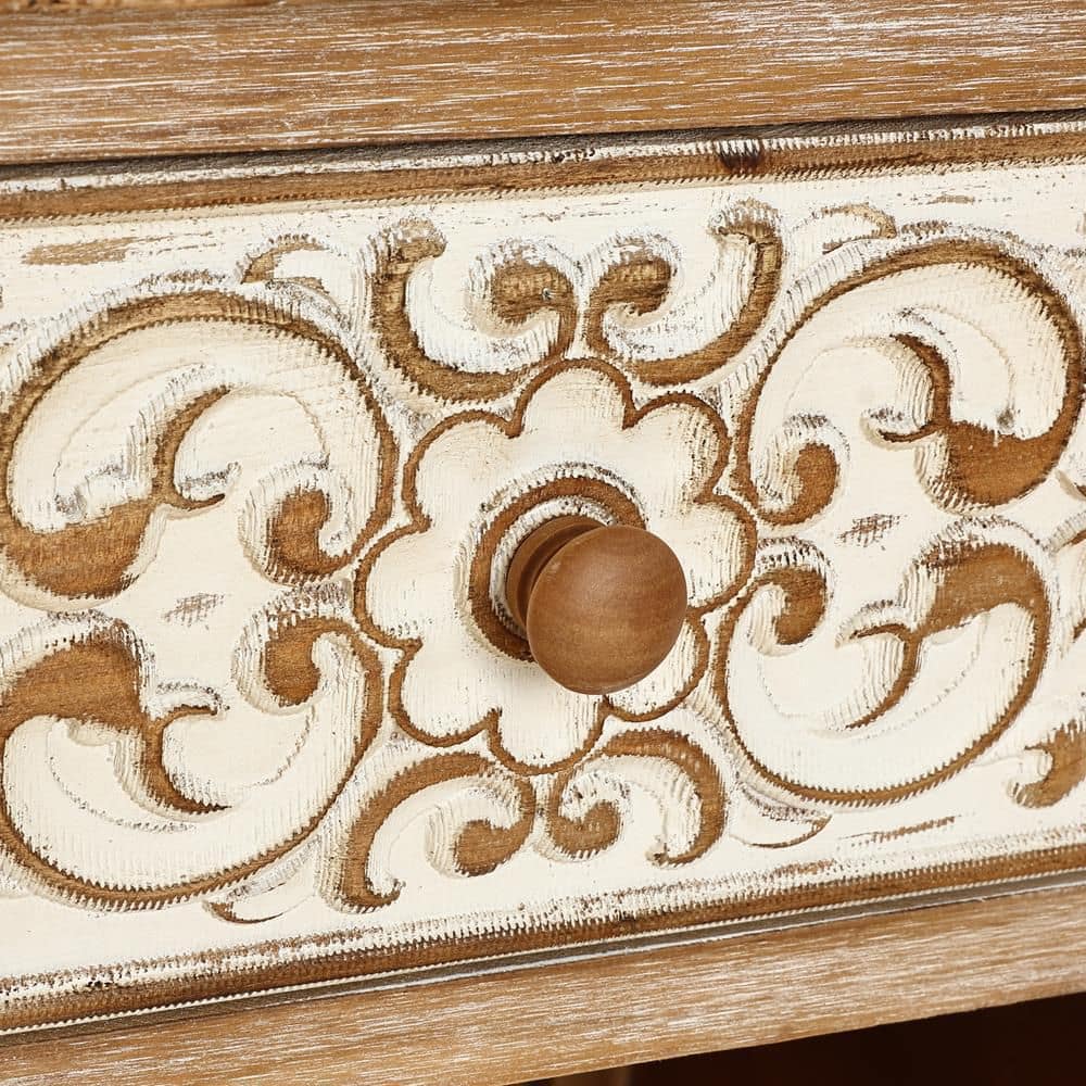 Rustic Floral Carved Wood and Metal End Table with Storage