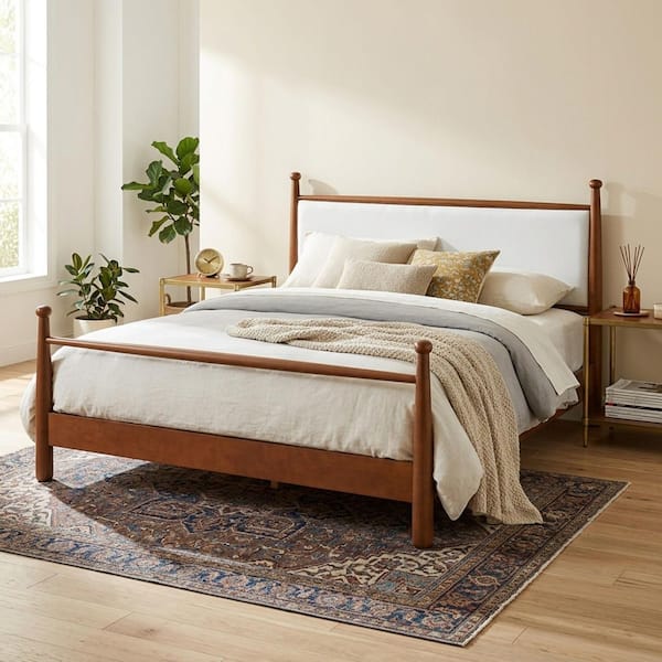 Mid Century Bed Brown Wood Frame King Platform Bed with Upholstered Headboard, Poster Bed, No Box Spring Needed