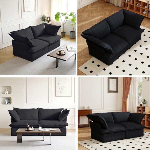 Down Filled 83 in. Flared Arm Linen Wide Deep Seat Modular Cloud Sofa Lawson Office Couch with Romovable Covers in Black