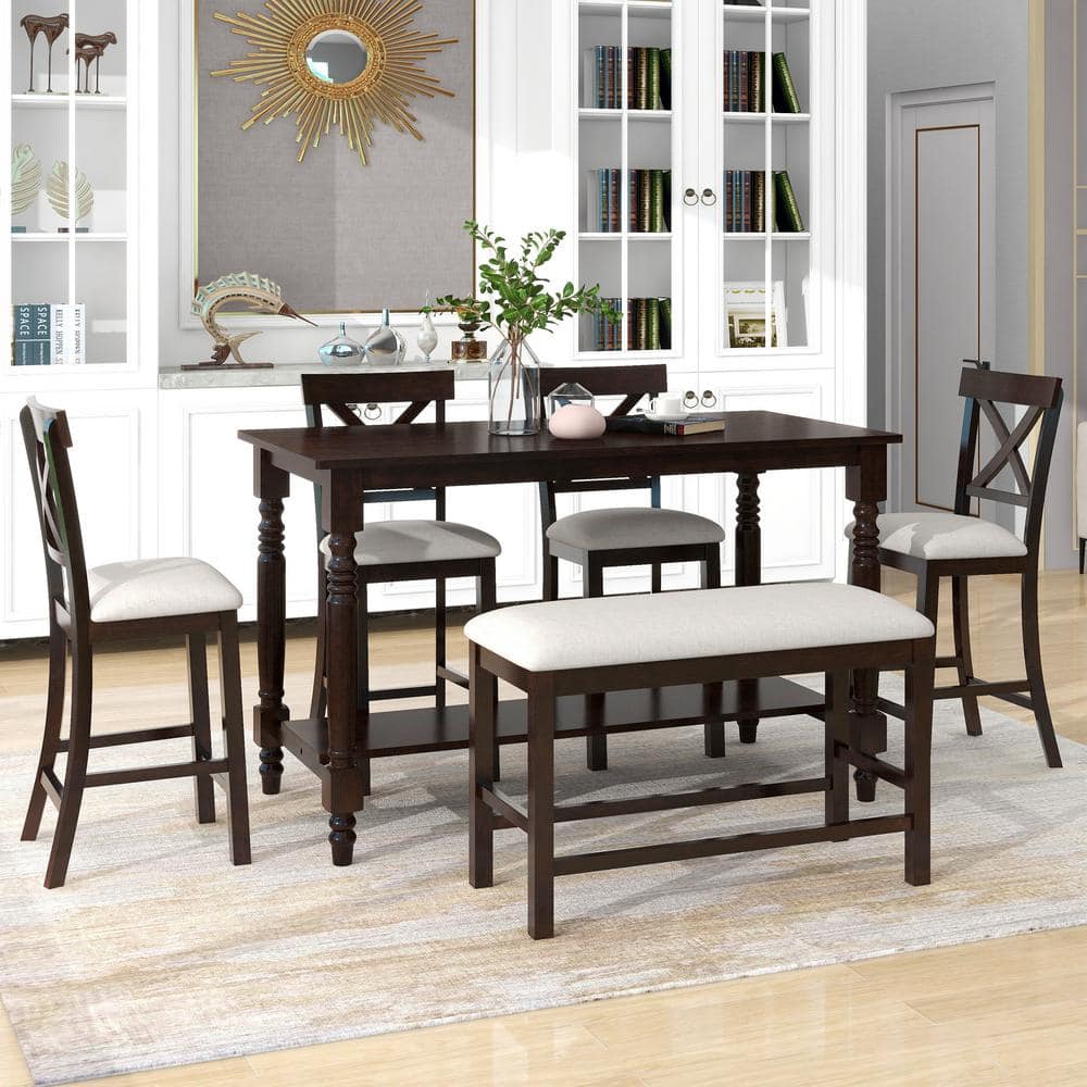 Qualler Espresso 6-Piece Wood Top Dining Table with 4 Chairs and Bench ...