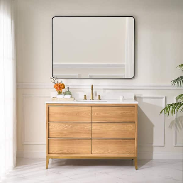 48 in.W x 22 in.D x 35 in.H Certified Single Sink Solid Wood Bath Vanity in OAK with White Quartz Top,Soft-Close Drawers