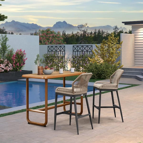 Modern Dark Grey 3-Piece Aluminum Rectangle Table Counter Height Wicker Bar Outdoor Bistror Set with Cushions