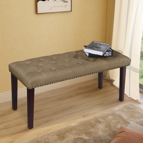 Maypex 38 in. W x 14 in. D x 17.3 in. H Tan Fabric Upholstered Bench with Nailhead Trim and Solid Wood Legs
