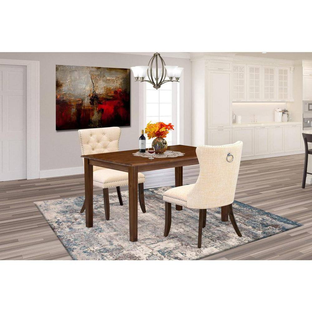 Antique Walnut 3-Piece Dining Set with Light Beige Linen Upholstered Chairs