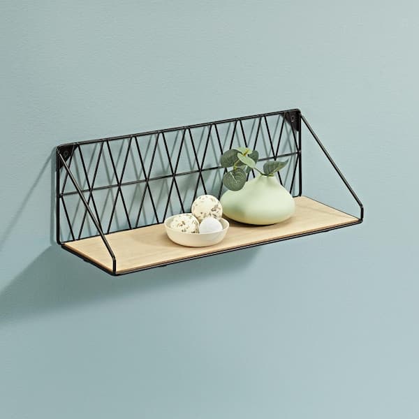 DIAMOND 16.5 in. x 4.7 in. x 5.1 in. Oak-Black Steel Decorative Wall Shelf with Brackets