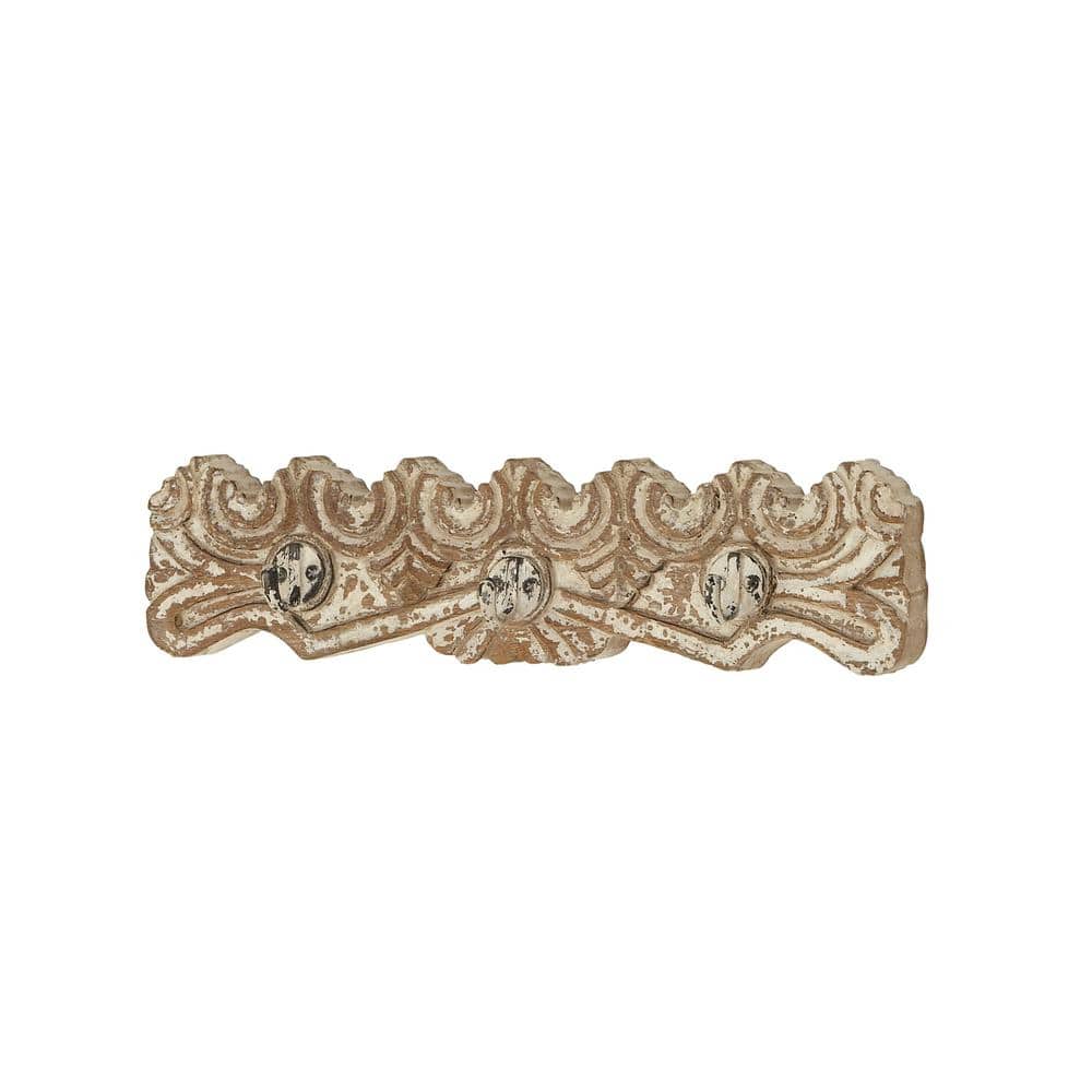 Distressed Brown Mango Wood and Iron Carved Wall Hook Rack