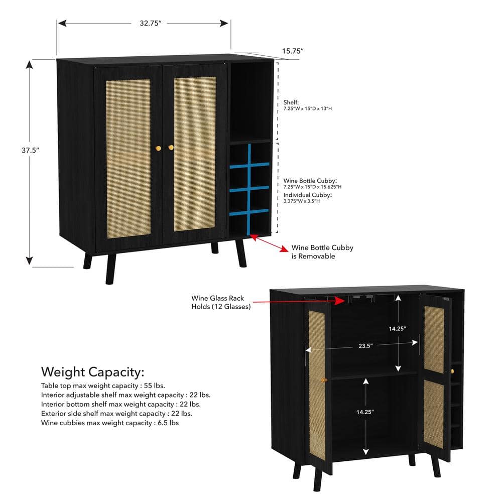 Ebony and Natural Rattan Mid-Century Modern Bar Cabinet