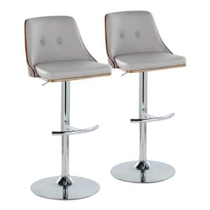 Gianna 32.75 in. Light Grey Faux Leather, Walnut Wood and Chrome Metal Adjustable Bar Stool (Set of 2)