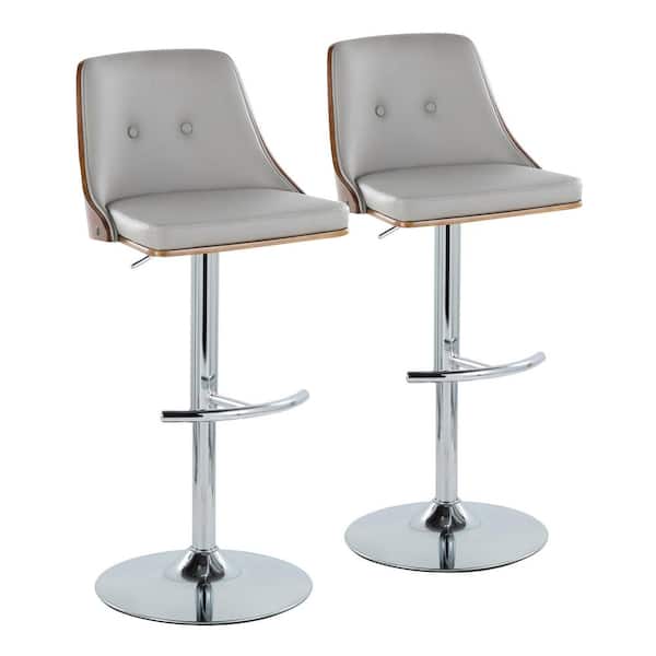 Lumisource Gianna 32.75 in. Light Grey Faux Leather, Walnut Wood and Chrome Metal Adjustable Bar Stool (Set of 2)