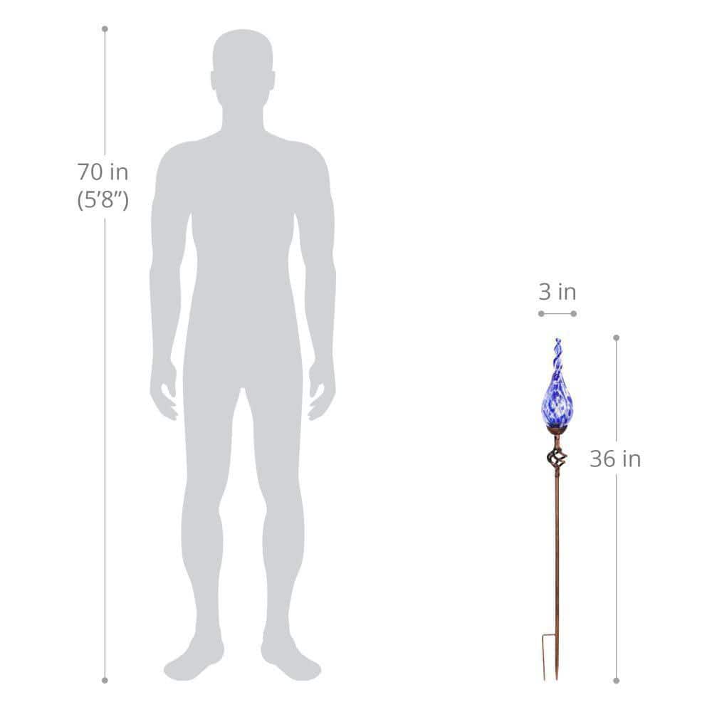Blue Hand Blown Glass Flame Garden Stake with Metal Finial