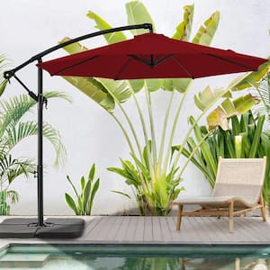 10 ft. Aluminum Patio Offset Umbrella Outdoor Cantilever Umbrella with Crank and Cross Bases in Burgundy