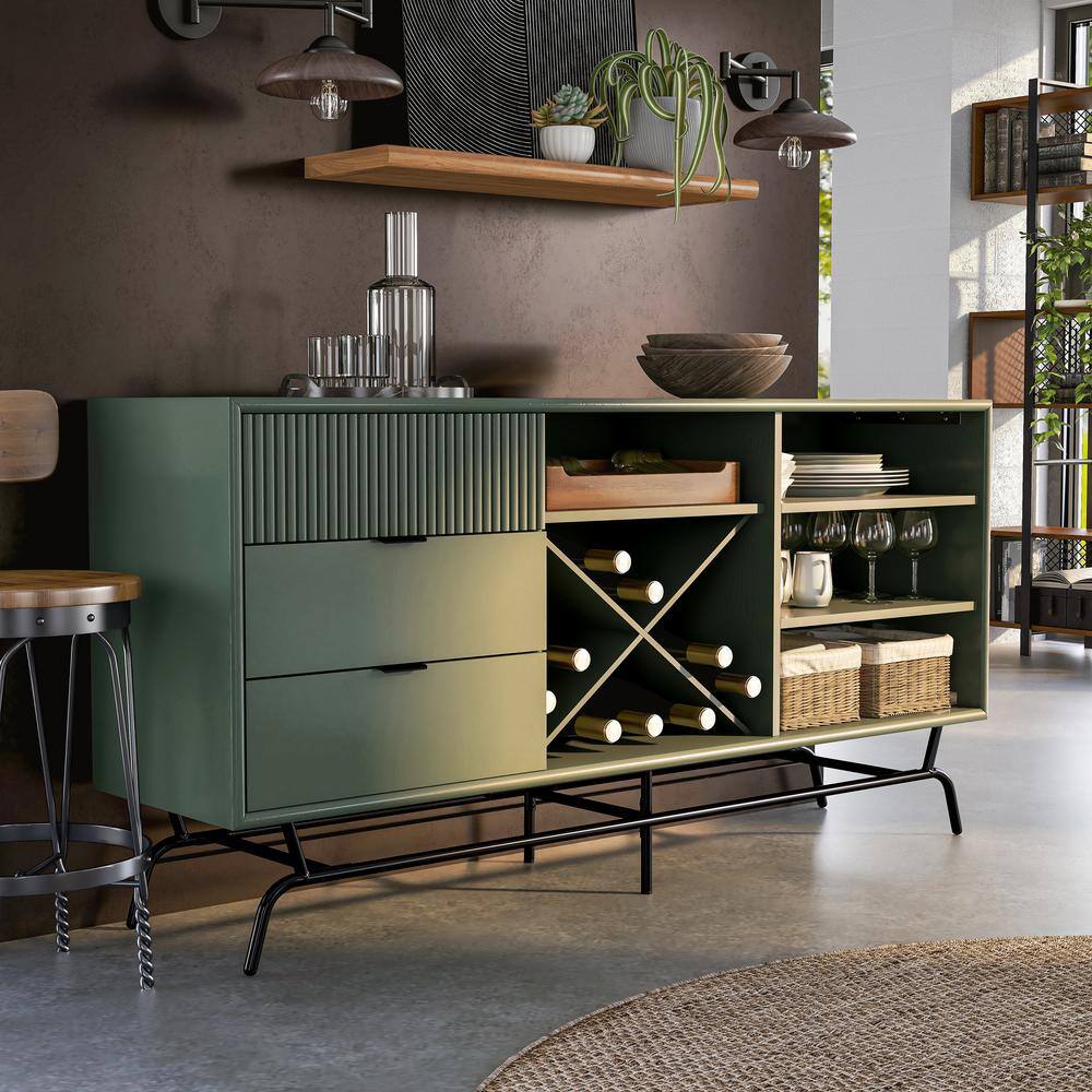 Yaztra Sage Green and Black Composite Wood TV Stand with Cabinet