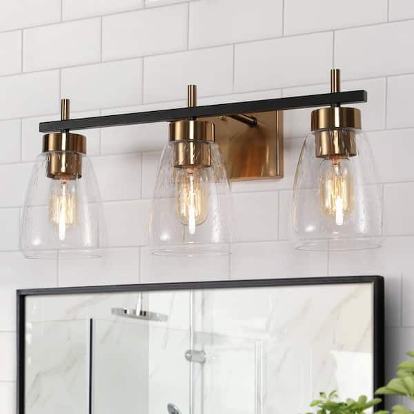 24 in 3-Light Transitional Bathroom Vanity Light Black and Brass Powder Room Wall Sconce Light with Seeded Glass Shades