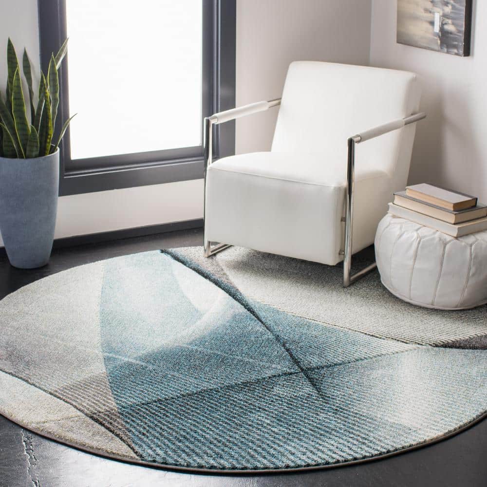 Grey and Teal Abstract Round High Pile Area Rug