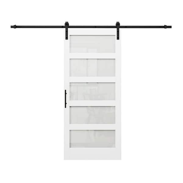 EH PUERTA 36 in. x 84 in. 5-Lite Tempered Frosted Glass White Primed MDF Sliding Barn Door Slab with Hardware and Soft Close