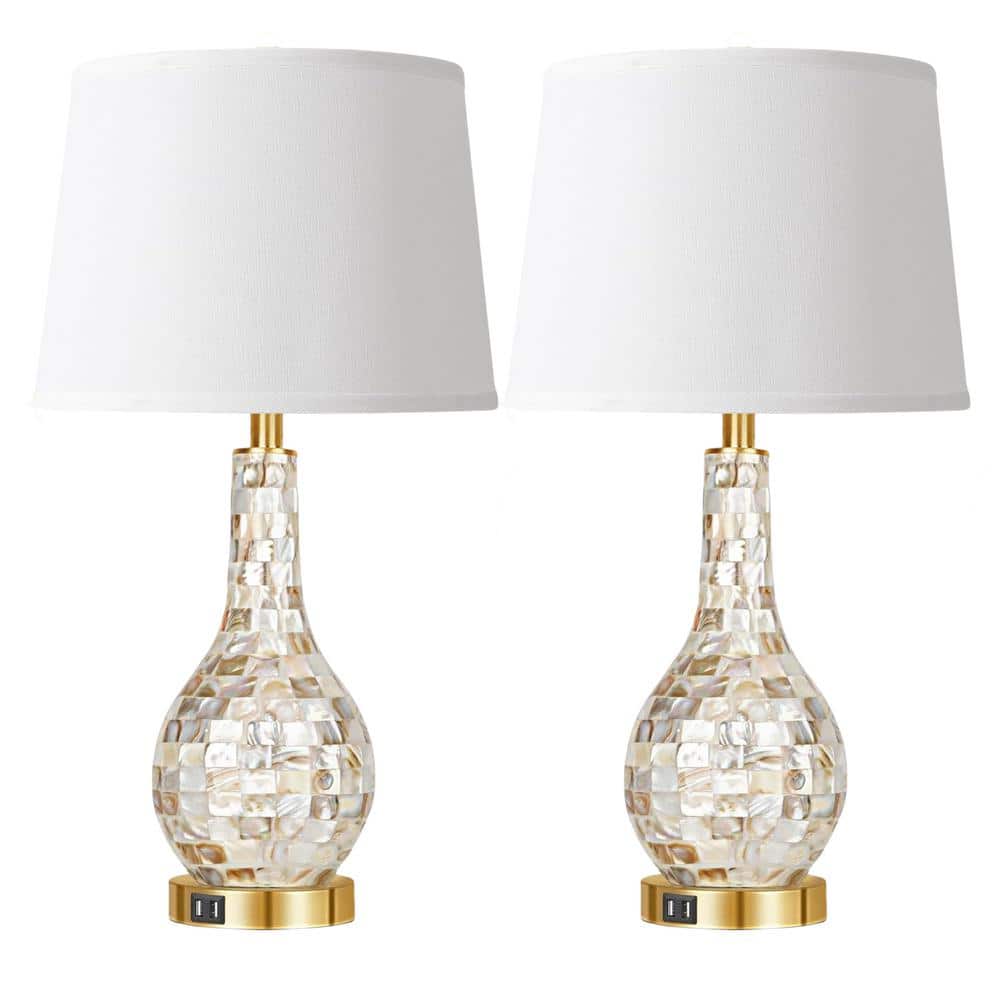 2-Pieces 25.5 in. H Gold Shell Pearl Tile Table Lamp with USB Port Nightsta