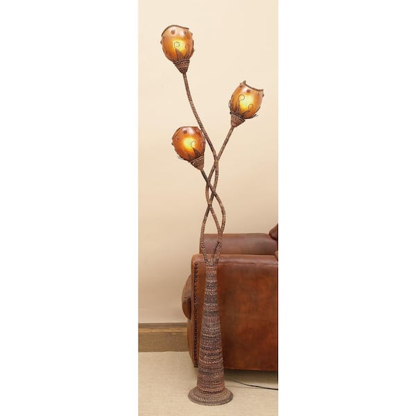 Litton Lane 72 in. Brown Dried Plant Floor Lamp with Decorated Orange Lamp Shades