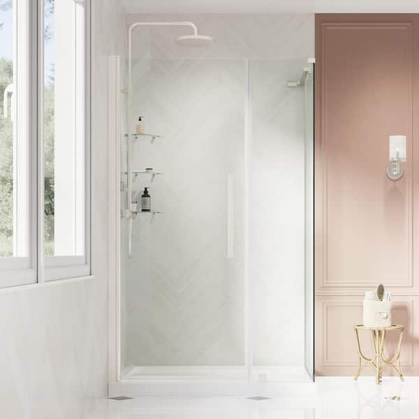 Breeze 32 in. L x 32 in. W x 76.97 in. H Corner Shower Kit with Clear  Framed Sliding Door in Satin Nickel and Shower Pan