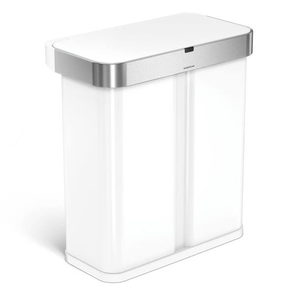 simplehuman 58 l Dual Compartment Rectangular Recycling Sensor Trash Can with Voice and Motion Control, White Steel