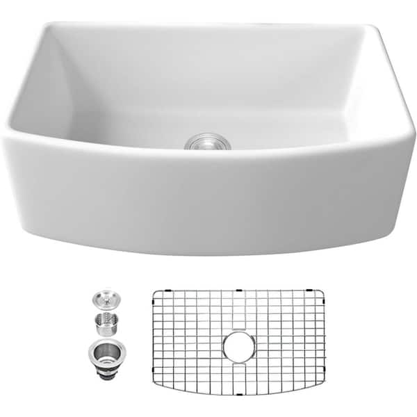 30 in. Farmhouse/Apron-Front Single Bowl White Ceramic Kitchen Sink with Accessories